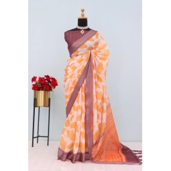 Women's Linen Digital Print Saree With Unstitched Blouse 5.5Mtr (Orange)