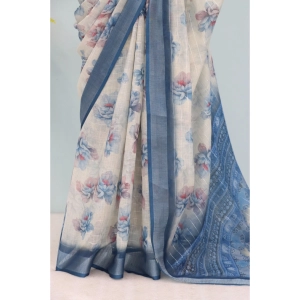 Generic Women's Linen Digital Print Saree With Unstitched Blouse 5.5Mtr (Blue)