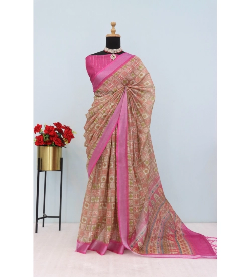 Women's Linen Digital Print Saree With Unstitched Blouse 5.5Mtr (Pink)