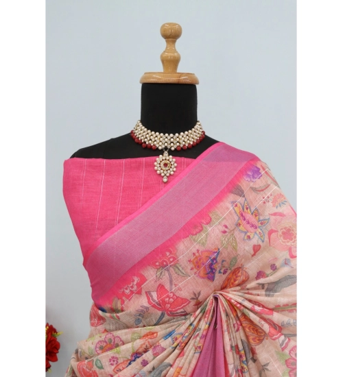 Women's Linen Digital Print Saree With Unstitched Blouse 5.5Mtr (Pink)