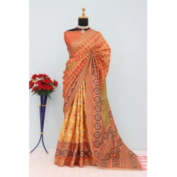 Women's Mysore Silk  Digital Print Saree With Unstitched Blouse 5.5Mtr (Orange)