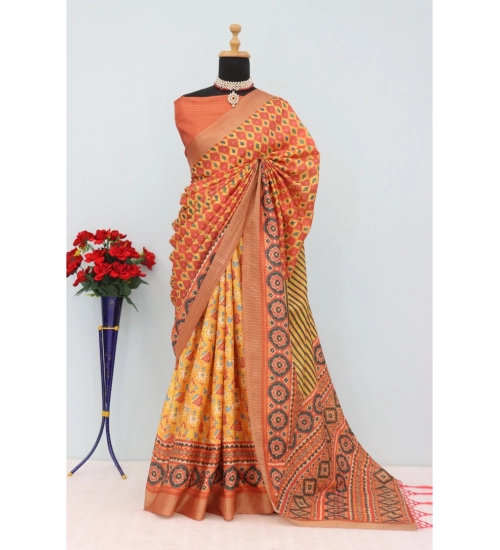 Women's Mysore Silk  Digital Print Saree With Unstitched Blouse 5.5Mtr (Orange)