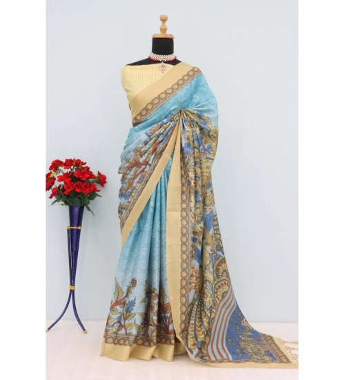 Women's Mysore Silk  Digital Print Saree With Unstitched Blouse 5.5Mtr (Sky Blue)