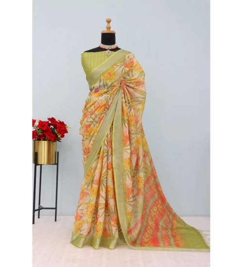 Women's Linen Digital Print Saree With Unstitched Blouse 5.5Mtr (Multicolor)