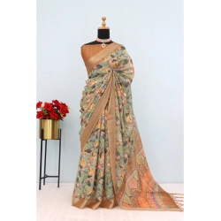 Women's Linen Digital Print Saree With Unstitched Blouse 5.5Mtr (Beige)
