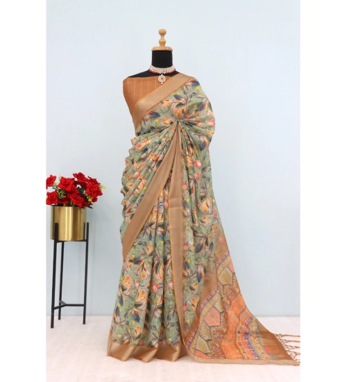 Women's Linen Digital Print Saree With Unstitched Blouse 5.5Mtr (Beige)