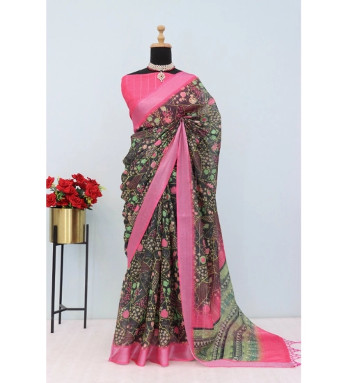 Women's Linen Digital Print Saree With Unstitched Blouse 5.5Mtr (Multicolor)