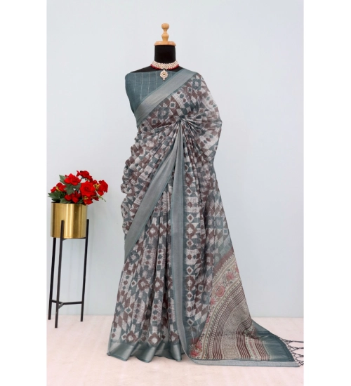 Women's Linen Digital Print Saree With Unstitched Blouse 5.5Mtr (Grey)