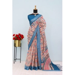 Women's Linen Digital Print Saree With Unstitched Blouse 5.5Mtr (Multicolor)