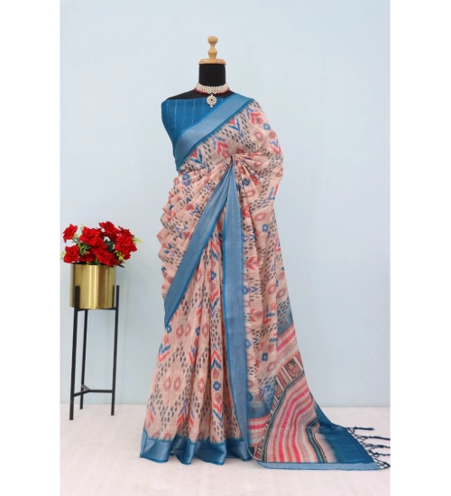 Women's Linen Digital Print Saree With Unstitched Blouse 5.5Mtr (Multicolor)