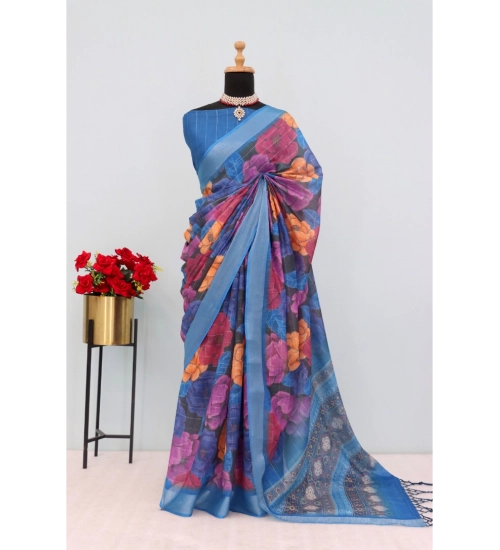 Women's Linen Digital Print Saree With Unstitched Blouse 5.5Mtr (Blue)