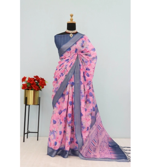 Women's Linen Digital Print Saree With Unstitched Blouse 5.5Mtr (Multicolor)
