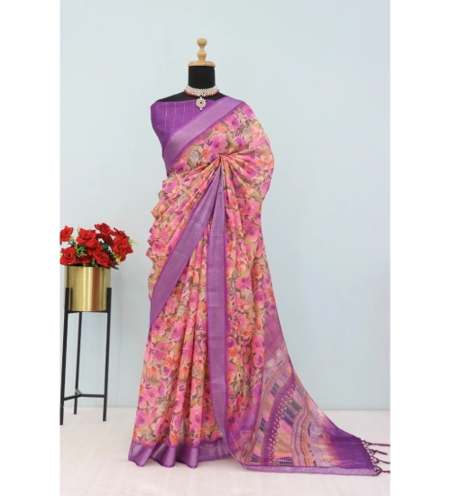 Women's Linen Digital Print Saree With Unstitched Blouse 5.5Mtr (Purple)