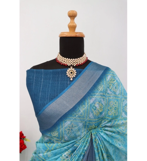 Women's Linen Digital Print Saree With Unstitched Blouse 5.5Mtr (Sky Blue)