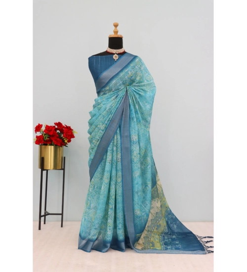 Women's Linen Digital Print Saree With Unstitched Blouse 5.5Mtr (Sky Blue)