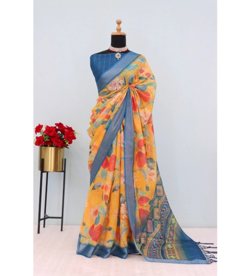 Women's Linen Digital Print Saree With Unstitched Blouse 5.5Mtr (Yellow)