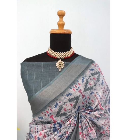 Women's Linen Digital Print Saree With Unstitched Blouse 5.5Mtr (Grey)