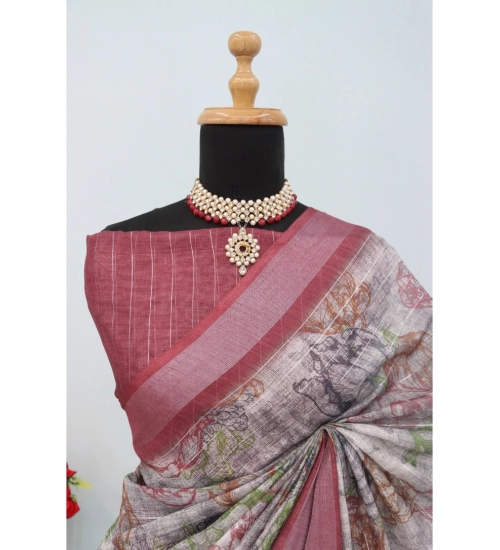 Women's Linen Digital Print Saree With Unstitched Blouse 5.5Mtr (Multicolor)