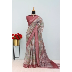 Women's Linen Digital Print Saree With Unstitched Blouse 5.5Mtr (Multicolor)
