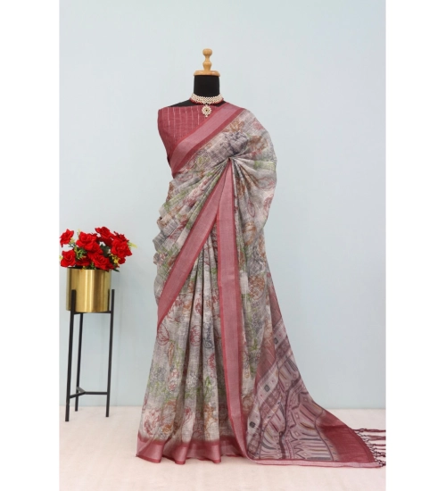 Women's Linen Digital Print Saree With Unstitched Blouse 5.5Mtr (Multicolor)