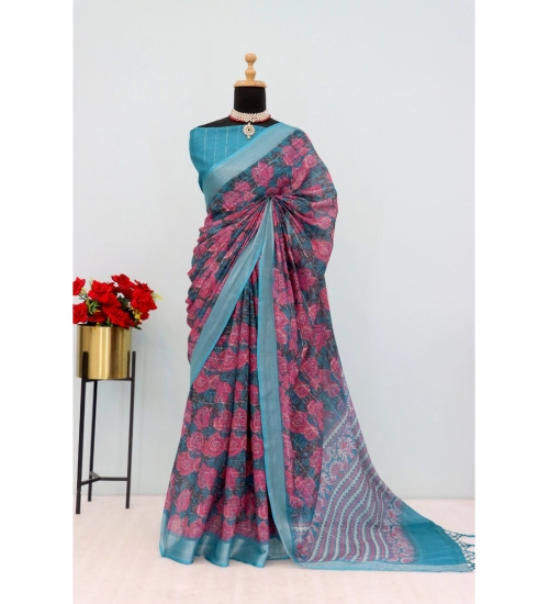 Women's Linen Digital Print Saree With Unstitched Blouse 5.5Mtr (Blue)