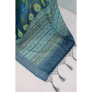 Generic Women's Linen Digital Print Saree With Unstitched Blouse 5.5Mtr (Green)