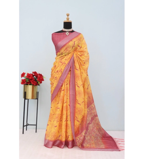 Women's Linen Digital Print Saree With Unstitched Blouse 5.5Mtr (Mustard)