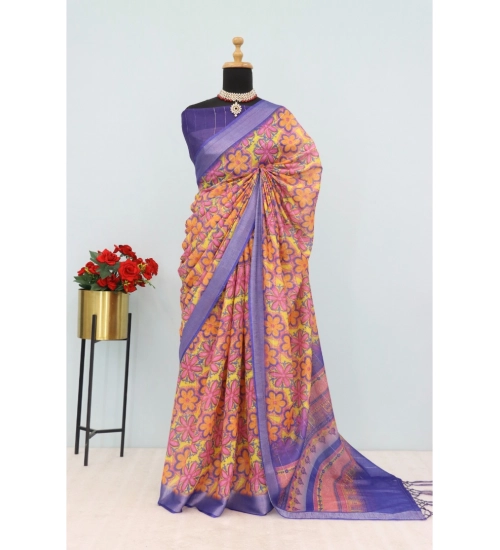 Women's Linen Digital Print Saree With Unstitched Blouse 5.5Mtr (Multicolor)