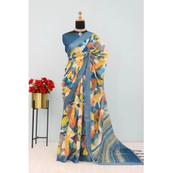 Women's Linen Digital Print Saree With Unstitched Blouse 5.5Mtr (Multicolor)