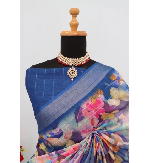 Women's Linen Digital Print Saree With Unstitched Blouse 5.5Mtr (Blue)