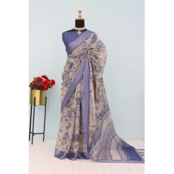 Women's Linen Digital Print Saree With Unstitched Blouse 5.5Mtr (Blue)