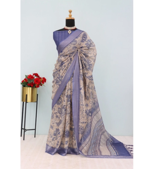 Women's Linen Digital Print Saree With Unstitched Blouse 5.5Mtr (Blue)
