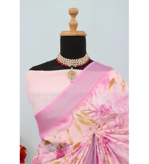 Women's Linen Digital Print Saree With Unstitched Blouse 5.5Mtr (Pink)