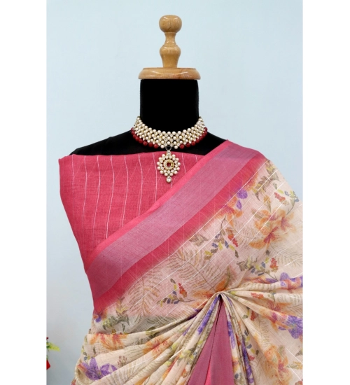 Women's Linen Digital Print Saree With Unstitched Blouse 5.5Mtr (Pink)