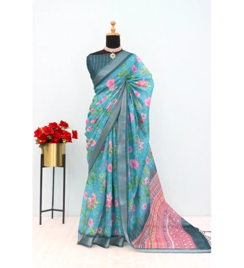 Women's Linen Digital Print Saree With Unstitched Blouse 5.5Mtr (Green)