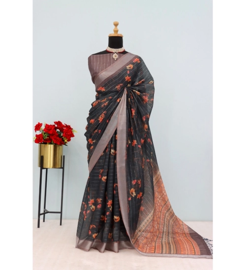 Women's Linen Digital Print Saree With Unstitched Blouse 5.5Mtr (Black)