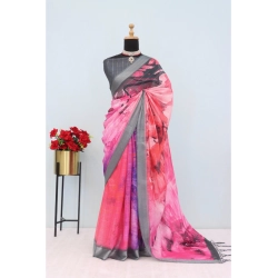 Women's Linen Digital Print Saree With Unstitched Blouse 5.5Mtr (Pink)