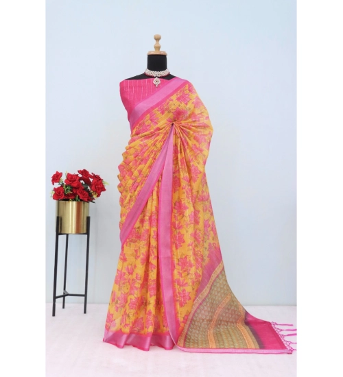 Women's Linen Digital Print Saree With Unstitched Blouse 5.5Mtr (Yellow)