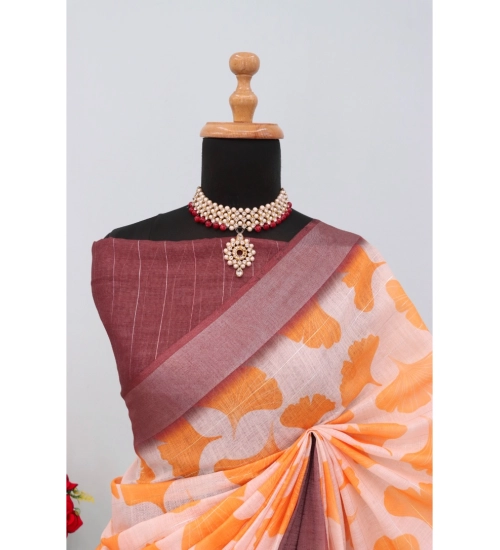 Women's Linen Digital Print Saree With Unstitched Blouse 5.5Mtr (Orange)