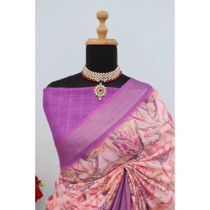 Generic Women's Linen Digital Print Saree With Unstitched Blouse 5.5Mtr (Purple)