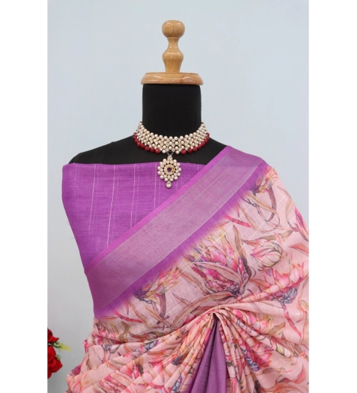 Women's Linen Digital Print Saree With Unstitched Blouse 5.5Mtr (Purple)