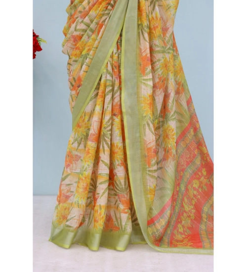 Women's Linen Digital Print Saree With Unstitched Blouse 5.5Mtr (Multicolor)