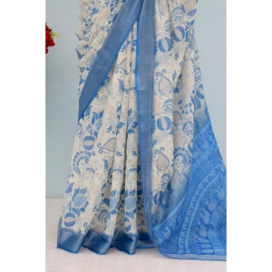 Generic Women's Linen Digital Print Saree With Unstitched Blouse 5.5Mtr (Blue)