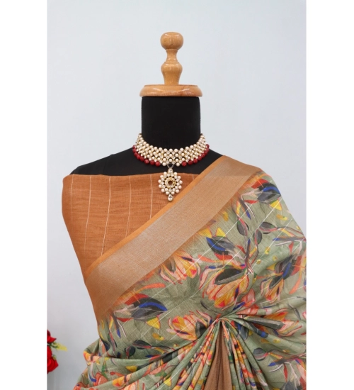 Women's Linen Digital Print Saree With Unstitched Blouse 5.5Mtr (Beige)