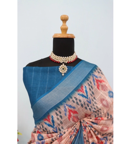 Women's Linen Digital Print Saree With Unstitched Blouse 5.5Mtr (Multicolor)