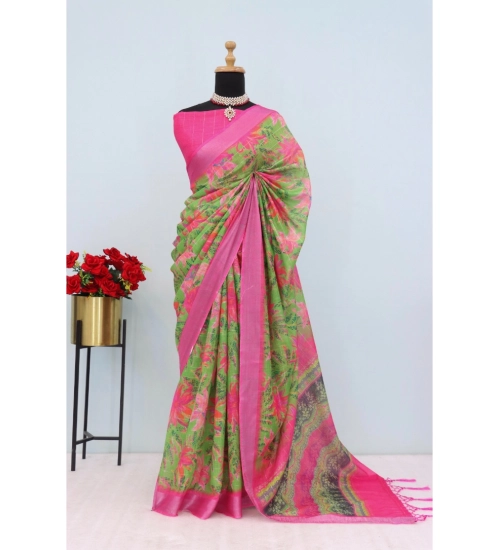Women's Linen Digital Print Saree With Unstitched Blouse 5.5Mtr (Green)