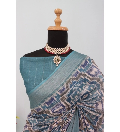 Women's Linen Digital Print Saree With Unstitched Blouse 5.5Mtr (Green) Women's Linen Digital Print Saree With Unstitched Blouse 5.5Mtr (Green)