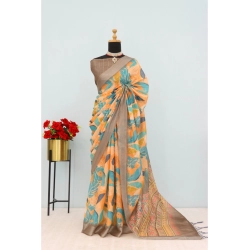 Women's Linen Digital Print Saree With Unstitched Blouse 5.5Mtr (Green)