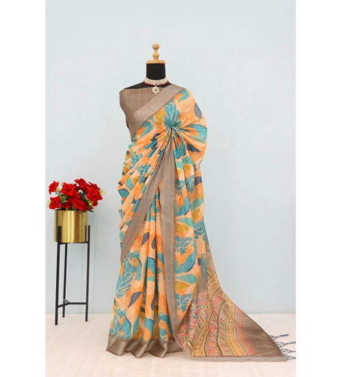 Women's Linen Digital Print Saree With Unstitched Blouse 5.5Mtr (Green)