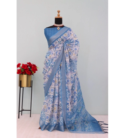 Women's Linen Digital Print Saree With Unstitched Blouse 5.5Mtr (Blue)